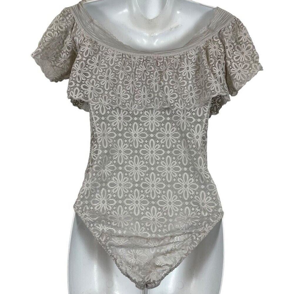 Victorias Secret Light Gray Lace Off The Shoulder Sheer Bodysuit Top Floral M - Picture 14 of 16